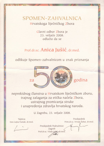 Spomen-zahvalnica Hrvatskoga liječničkog zbora Anici Jušić za 50 godina članstva 