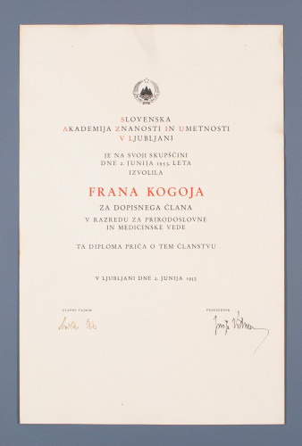 Povelja dopisnog člana Slovenske akademije znanosti i umjetnosti Franu Kogoju