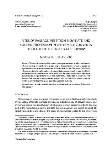 Rites of Passage: Vestition, Novitiate and Solemn Profession in the Female Convents of Eighteenth-Century Dubrovnik / Minela Fulurija Vučić