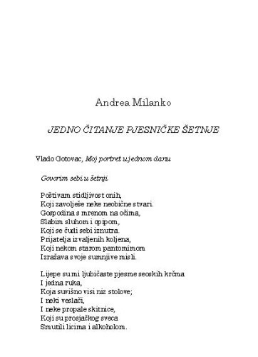 Jedno čitanje pjesničke šetnje : Vlado Gotovac, Moj portret u jednom danu / Andrea Milanko