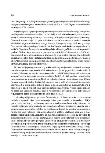 Irena Benyovsky Latin, Socijalna topografija srednjovjekovnoga Dubrovnika. Transformacija predgrađā u središte grada u mletačkom razdoblju (1205. – 1358.), Zagreb: Hrvatski institut za povijest, 2024. : [prikaz] / Ana Marinković