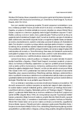 Nicolaus Viti Gozzius, Breve compendium in duo prima capita tertii De Anima Aristotelis. A critical edition with introduction and indices, prir. Šime Demo, Pavel Gregorić, Turnhout: Brepols, 2024. : [prikaz] / Relja Seferović