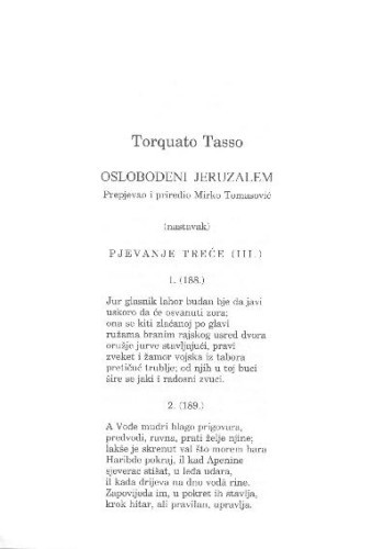 Oslobođeni Jeruzalem : pjevanje treće (III.) / Torquato Tasso ; prepjevao i priredio Mirko Tomasović