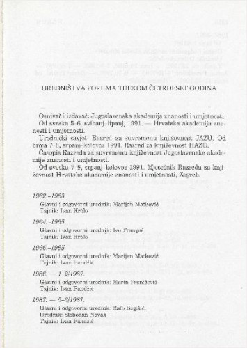 Uredništva Foruma tijekom četrdeset godina ; Tablica godišta ; Slikovni prilozi