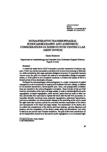 Intraoperative transesophageal echocardiography and anesthetic considerations in patients with ventricular assist devices / Darko Kristović