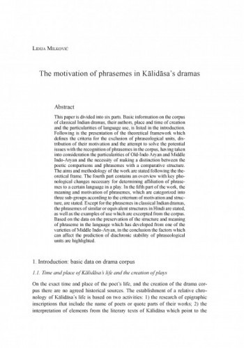 The motivation of phrasemes in Kālidāsa’s dramas / Lidija Milković