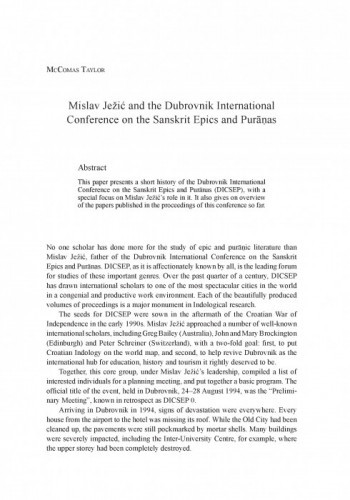 Mislav Ježić and the Dubrovnik International Conference on the Sanskrit Epics and Purāṇas / McComas Taylor