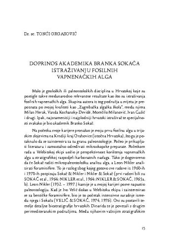 Doprinos akademika Branka Sokača istraživanju fosilnih vapnenačkih alga / Tonći Grgasović