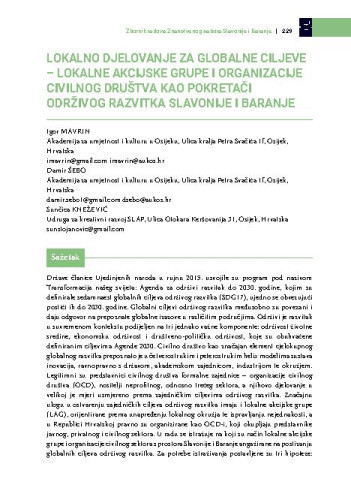 Lokalno djelovanje za globalne ciljeve - lokalne akcijske grupe i organizacije civilnog društva kao pokretači održivog razvitka Slavonije i Baranje / Igor Mavrin, Damir Šebo, Sunčica Knežević
