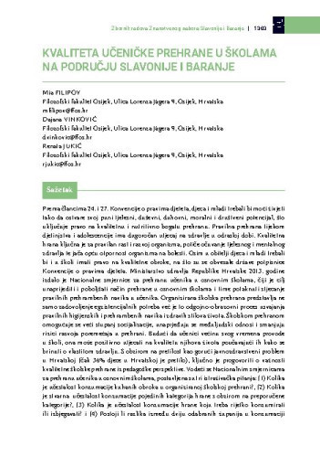 Kvaliteta učeničke prehrane u školama na području Slavonije i Baranje / Mia Filipov, Dajana Vinković, Renata Jukić