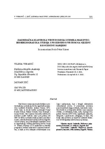 Zagrebačka klavirska virtuoskinja Ludmila Makovec: biobibliografska studija s posebnim osvrtom na njezinu koncertnu karijeru : In memoriam Boris Petar Kaiser / Vilena Vrbanić, Jadran Jeić