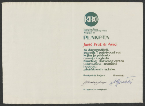 Povelja plakete Kliničkog bolničkog centra Anici Jušić 