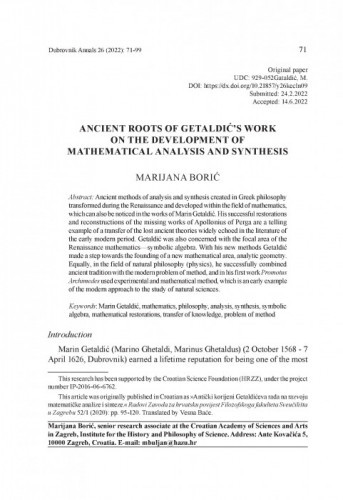 Ancient Roots of Getaldić’s Work on the Development of Mathematical Analysis and Synthesis / Marijana Borić