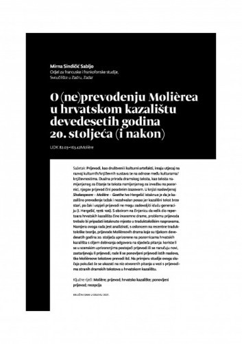 O (ne)prevođenju Molièrea u hrvatskom kazalištu devedesetih godina 20. stoljeća (i nakon) / Mirna Sindičić Sabljo