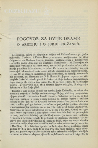 Pogovor za dvije drame : o Areteju i o Jurju Križaniću / M. Krleža
