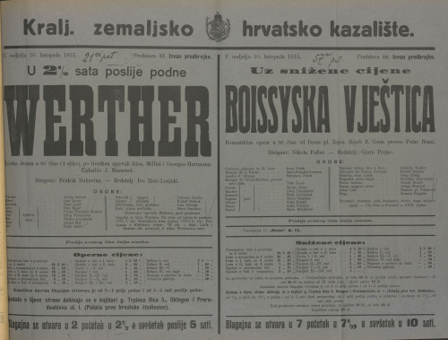 Werther ; Boissyska vještica : lirska drama u tri čina (4 slike) : romantična opera u tri čina / od Ivana pl. Zajca