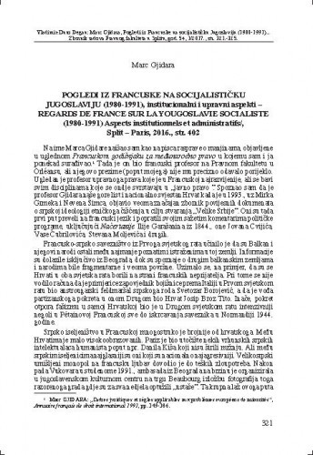 Marc Gjidara, Pogledi iz Francuske na socijalističku Jugoslaviju (1980- 1991) - institucionalni i upravni aspekti - (Regards de France sur la Yougoslavie socialiste (1980-1991) Aspects institutionnels et administratifs)  (izd. Split ; Paris, 2016) : [prikaz knjige] / Vladimir-Đuro Degan