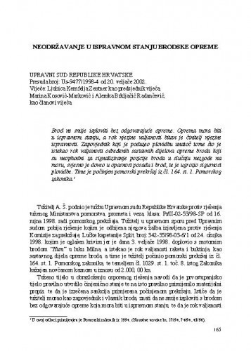 Neodržavanje u ispravnom stanju brodske opreme : [prikaz presude] / Vesna Skorupan