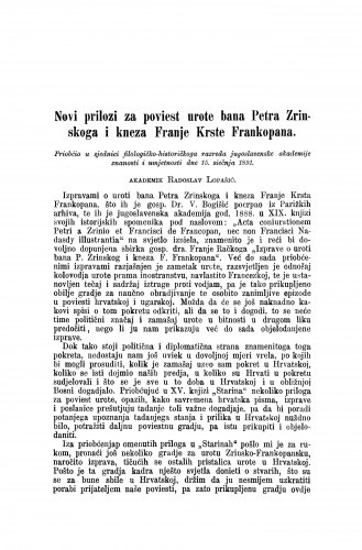 Novi prilozi za poviest urote bana Petra Zrinskoga i kneza Franje Krste Frankopana / Radoslav Lopašić