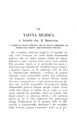 Izvješće o radu u Zadru, da se skupi materijal za izdavanje starih dalmatinskih statuta / M. Maurović