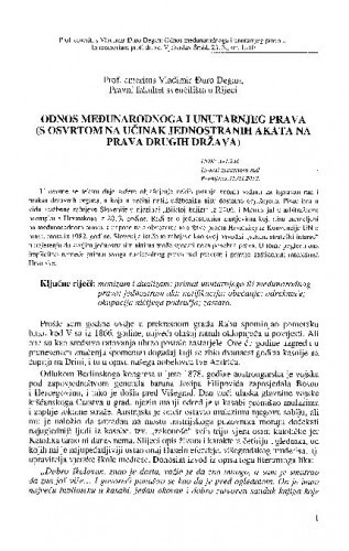 Odnos međunarodnog i unutarnjega prava (s osvrtom na učinak jednostranih akata na prava drugih država) / Vladimir-Đuro Degan