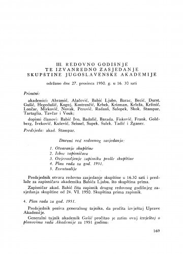 III. redovno godišnje zasjedanje skupštine Jugoslavenske akademije : održano dne 27. prosinca 1950.