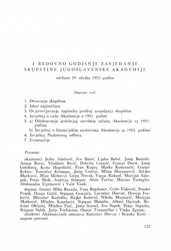 I. redovno godišnje zasjedanje skupštine Jugoslavenske akademije održano 29. ožujka 1952. godine