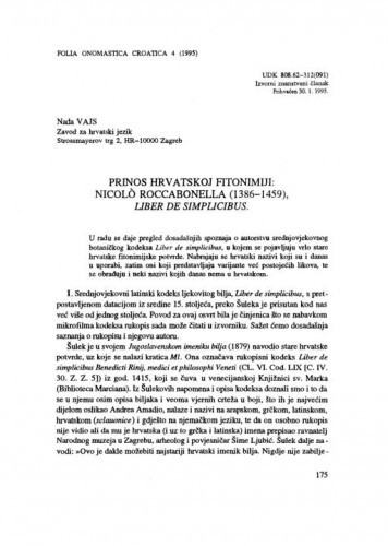 Prinos hrvatskoj fitonimiji : Nicolo Roccabonella (1386-1459), Liber de simplicibus / Nada Vajs