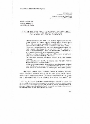 Le radici di due nomi di persona dell'antica Dalmatia : Hostucia e Raecius / Adolfo Zavaroni