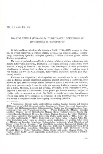 Joakim Stulli (1730-1817) dubrovački leksikograf : (Prolegomena za monografiju) / Mijo Ivan Brlek