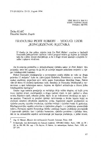 Francuski Petit Robert - mogući uzor jednojezičnog rječnika / Željko Klaić