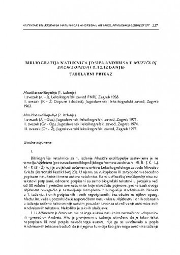Bibliografija natuknica Josipa Andreisa u Muzičkoj enciklopediji (1. i 2. izdanje) : tabelarni prikaz / Marijana Pintar