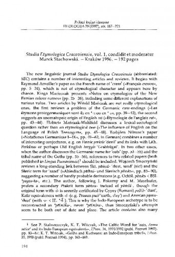 Studia Etymologica Cracoviensia, vol 1. Condidit et moderatur Marek Stachowski, Kraków, 1996. / Krzystof Tomasz Witczak