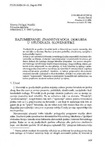 Razumijevanje znanstvenoga diskursa u studenata slovenistike / Vesna Požgaj Hadži