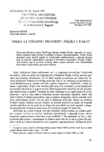 Treba li ponovo prevoditi Švejka i kako? / Dubravka Sesar