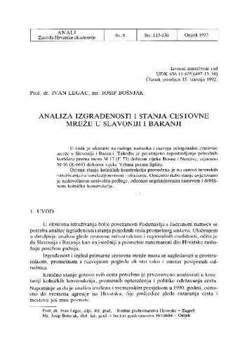 Analiza izgrađenosti i stanja cestovne mreže Slavonije i Baranje / Ivan Legac, Josip Bošnjak