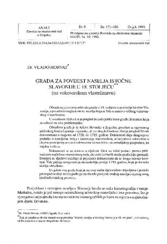 Građa za povijest naselja istočne Slavonije u 18. st. : na vukovarskom vlastelinstvu / Vlado Horvat