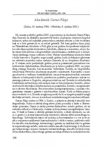 Akademik Goran Filipi : (Zadar, 18. siječnja 1954. – Medulin, 8. siječnja 2021.) : [in memoriam] / August Kovačec