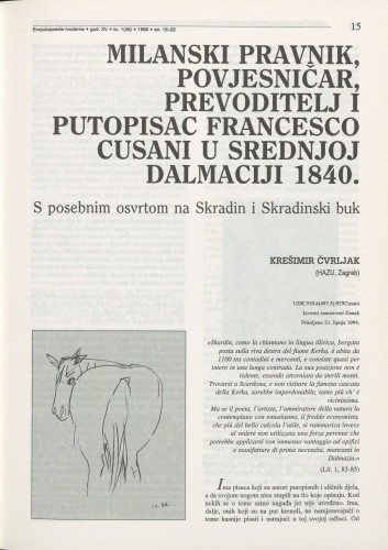 Milanski pravnik, povjesničar, prevoditelj i putopisac Francesco Cusani u srednjoj Dalmaciji : s posebnim osvrtom na Skradin i Skradinski buk / Krešimir Čvrljak