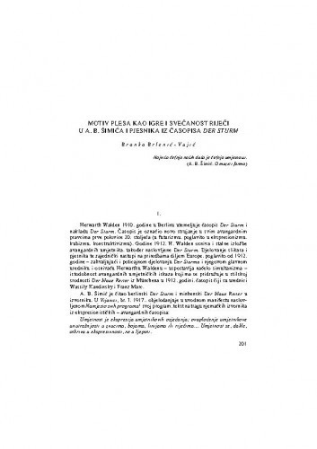Motiv plesa kao igre i svečanost riječi u A. B. Šimića i pjesnika iz časopisa Der Sturm / Branka Brlenić-Vujić