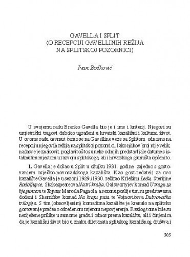 Gavella i Split (O recepciji Gavellinih režija na splitskoj pozornici) / Ivan Bošković