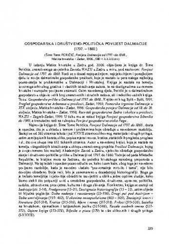 Gospodarska i društveno-politička povijest Dalmacije (1797.-1860.) : (Šime Tome Peričić, Povijest Dalmacije od 1797.-1860., Matica hrvatska - Zadar, 2006.) / Marjan Diklić