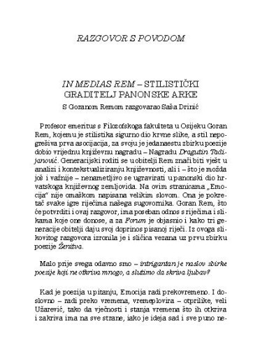 In medias Rem - stilistički graditelj panonske arke : razgovor s povodom / s Goranom Remom razgovarao Saša Drinić