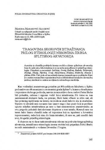 Tragovima Skokovih istraživanja - prilog etimologiji nesonima širega splitskog akvatorija / Marina Marasović-Alujević