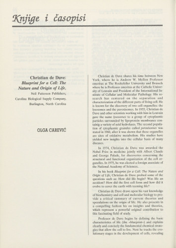 Christian de Duve: Blueprint for cell : nature and origin of life / Olga Carević