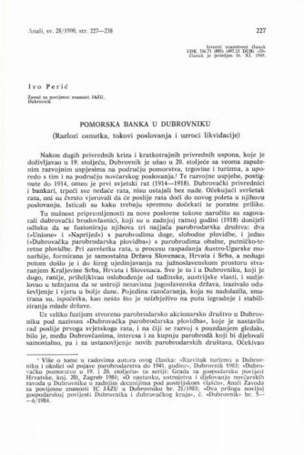 Pomorska banka u Dubrovniku : (razlozi osnutka, tokovi poslovanja i uzroci likvidacije) / Ivo Perić