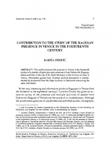 Contribution to the study of the Ragusan presence in Venice in the fourteenth century / Bariša Krekić