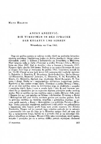 Anton Knežević: Die Turzismen in der Sprache der Kroaten und Serben, Meisenheim am Glan, 1962 : [prikaz] / Mate Hraste