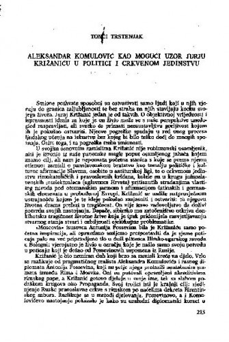 Aleksandar Komulović kao mogući uzor Jurju Križaniću u politici i crkvenom jedinstvu / Tonči Trstenjak