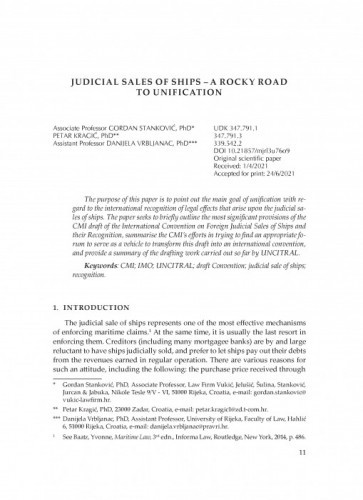 Judicial Sales of Ships – A Rocky Road to Unification / Gordan Stanković, Petar Kragić, Danijela Vrbljanac
